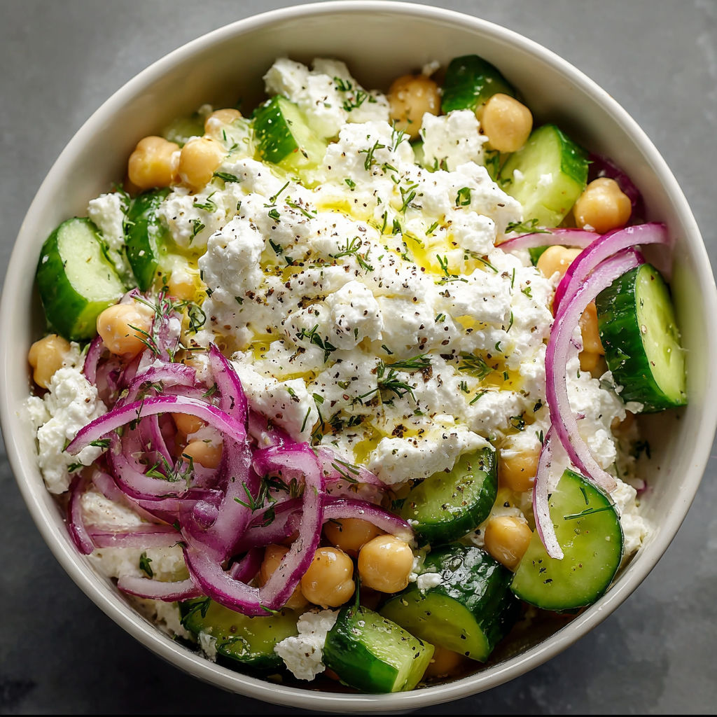 A bowl of food with cottage cheese and kichererbsen salat.