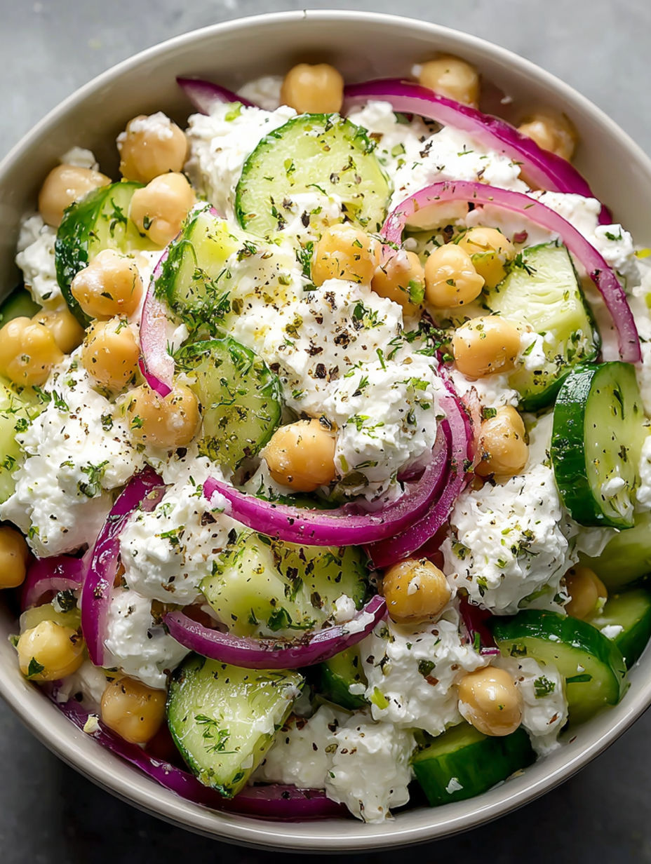 A bowl of cottage cheese and kichererbsen salat.