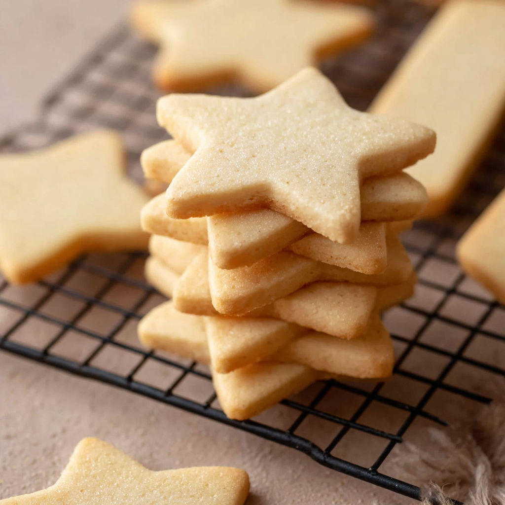 A stack of star-shaped cookies on a wire rack.