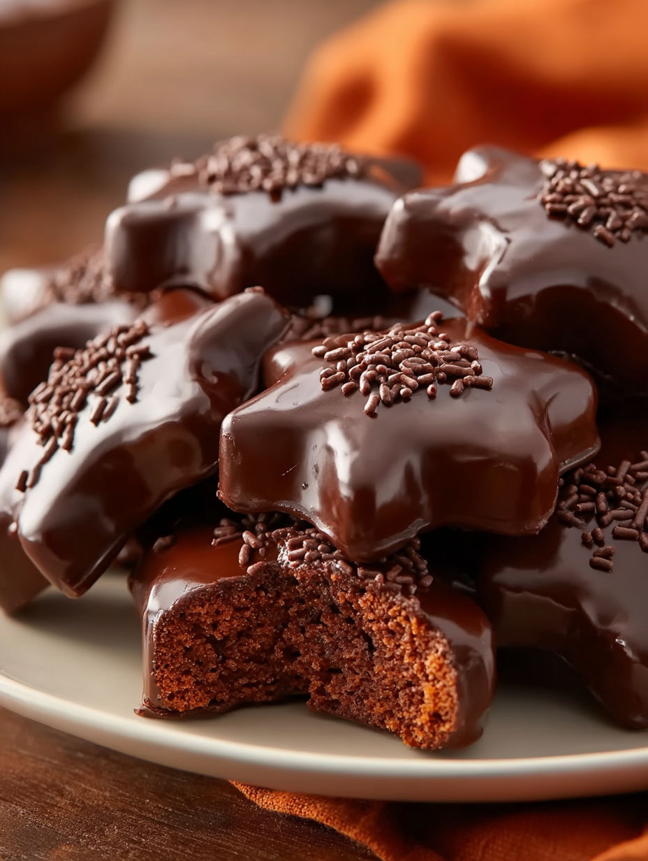 A plate of chocolate covered cookies.