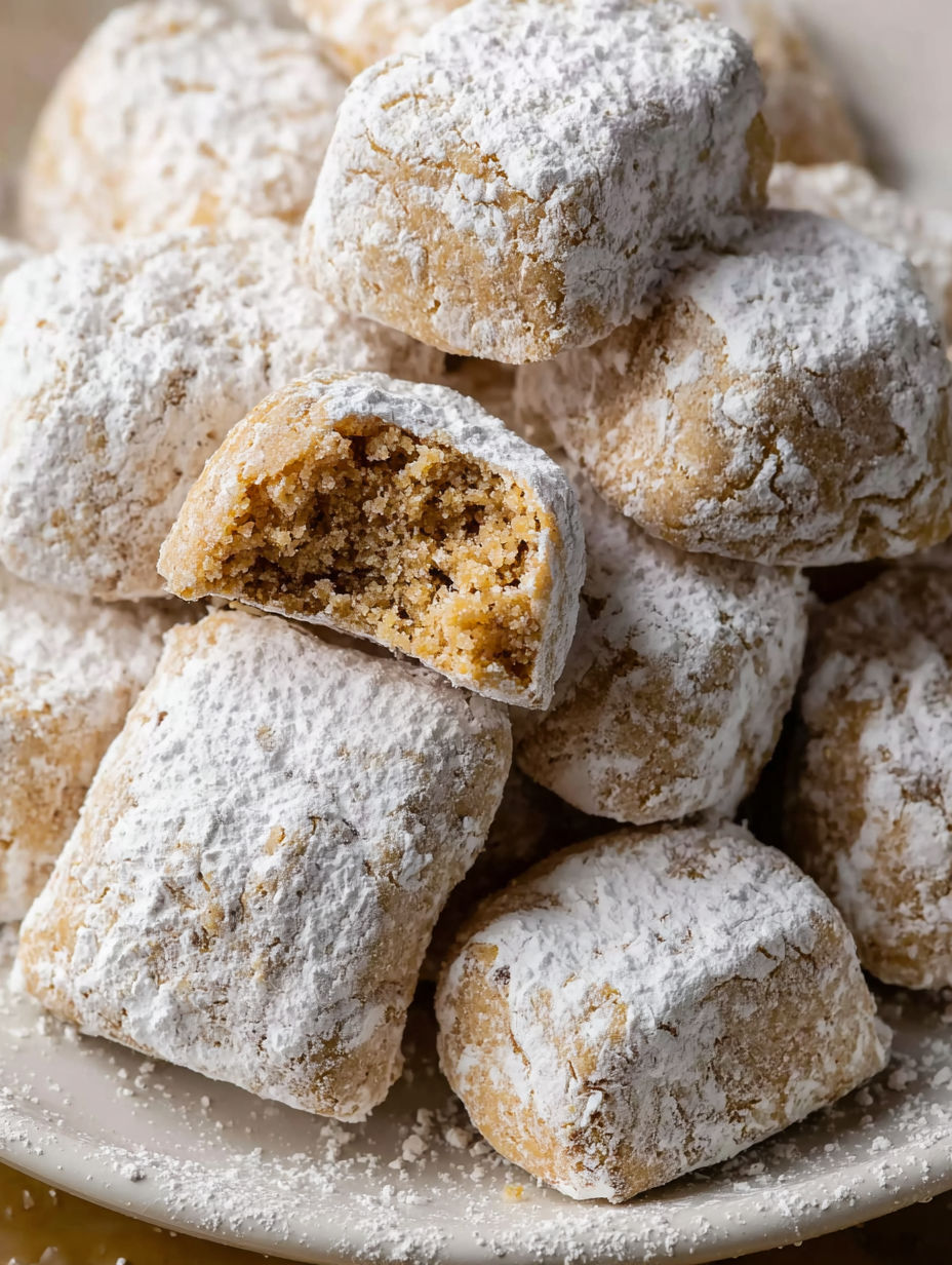 A plate of powdered sugar covered cookies.