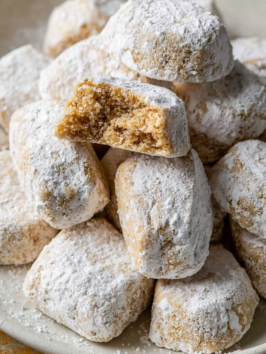 A pile of white powdered sugar covered cookies.