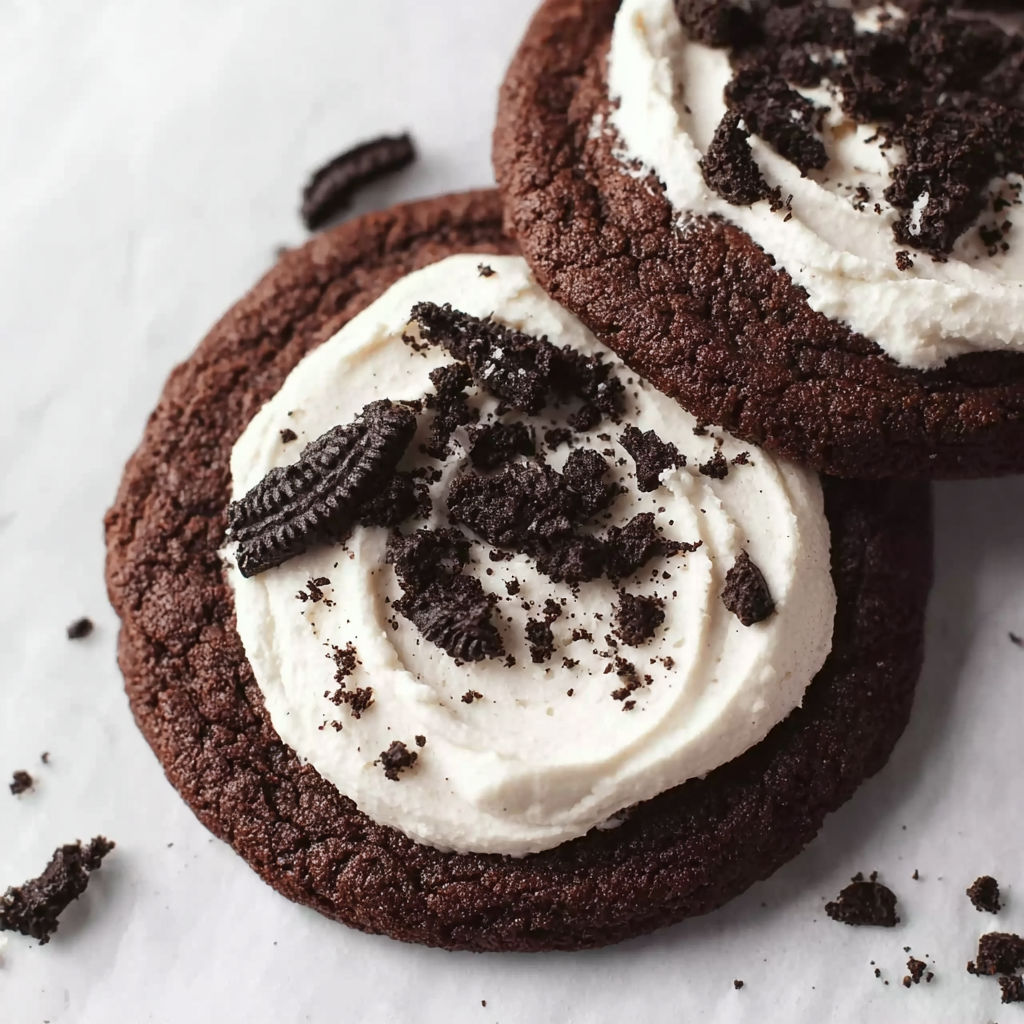 Two chocolate oreo cookies with white frosting.