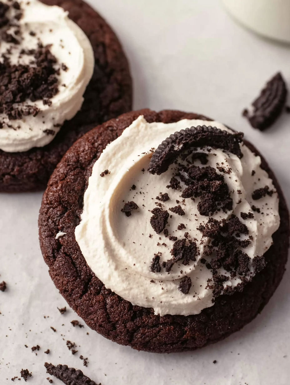 Two chocolate oreo cookies with white frosting.