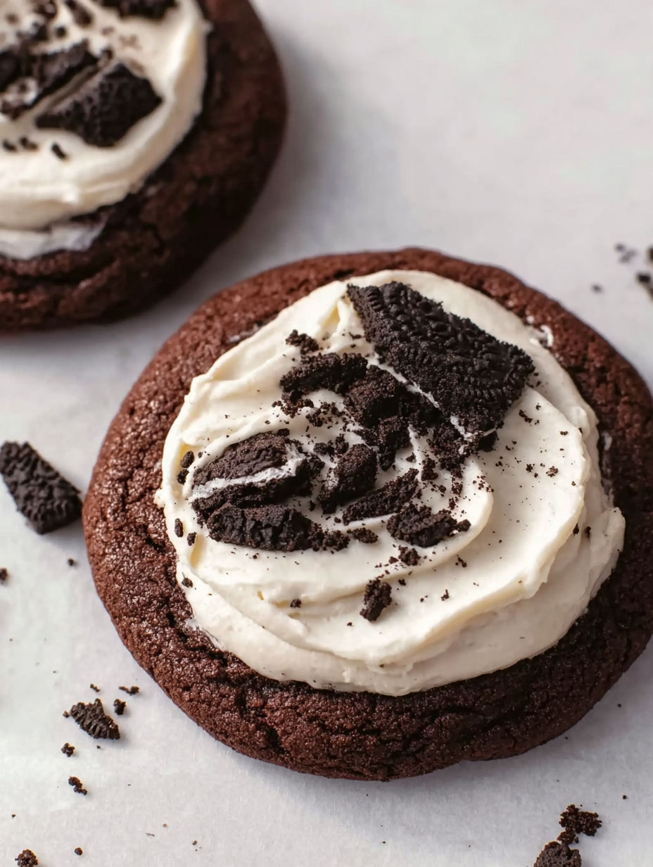 A close up of a chocolate oreo cookie with white frosting.
