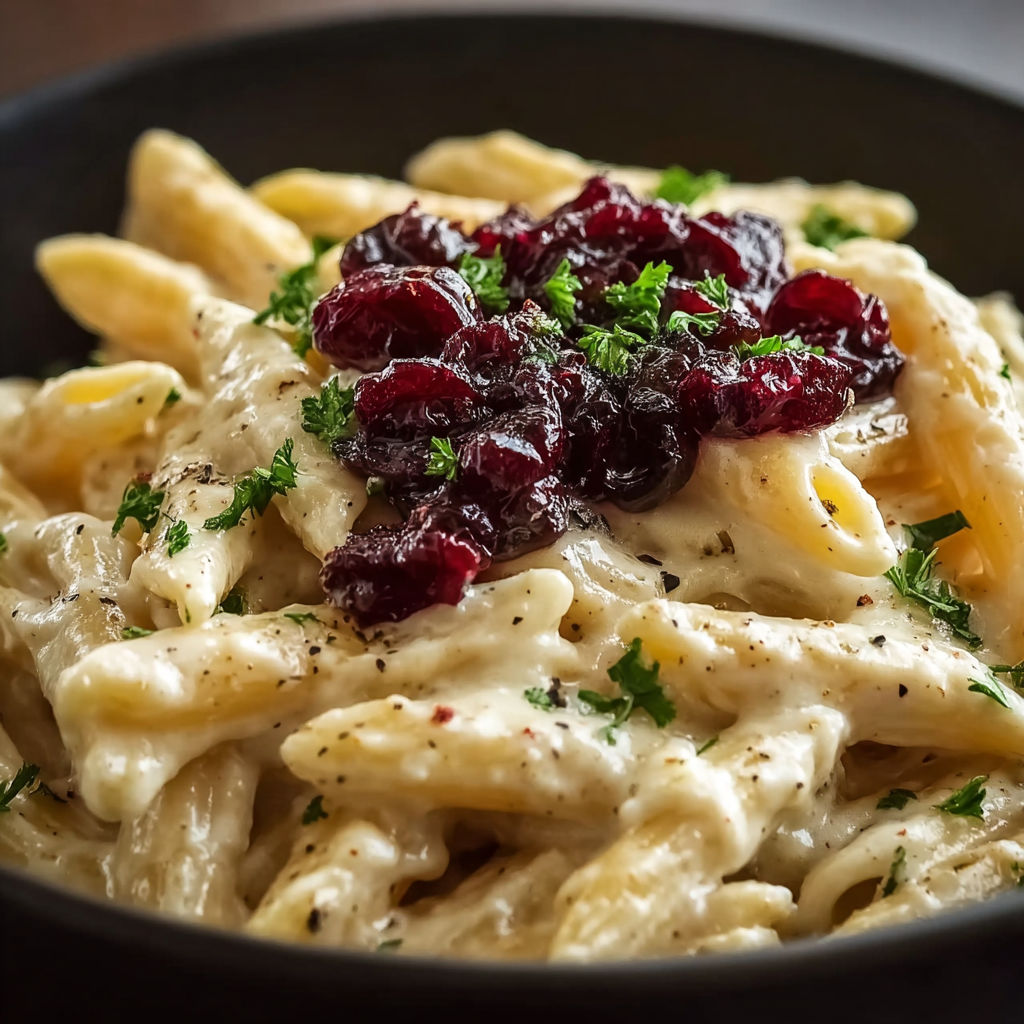 A bowl of pasta with cranberries on top.