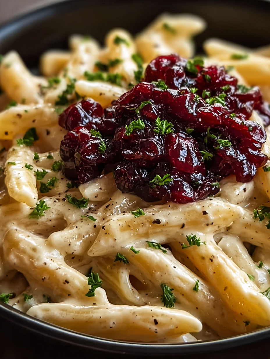 A bowl of pasta with cranberries on top.