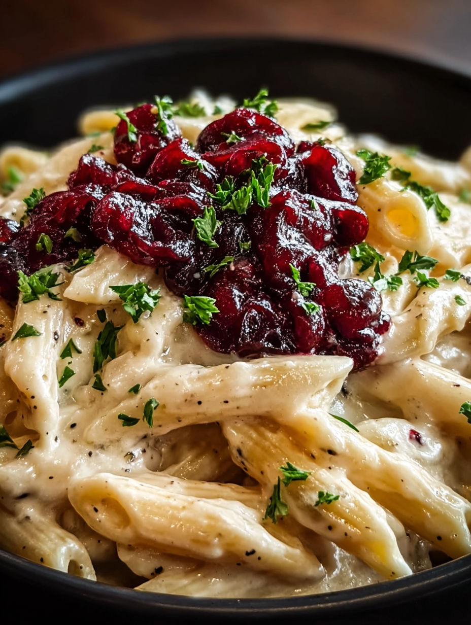 A bowl of pasta with a sauce and berries on top.