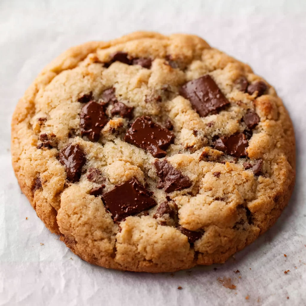 A close up of a chocolate chip cookie.