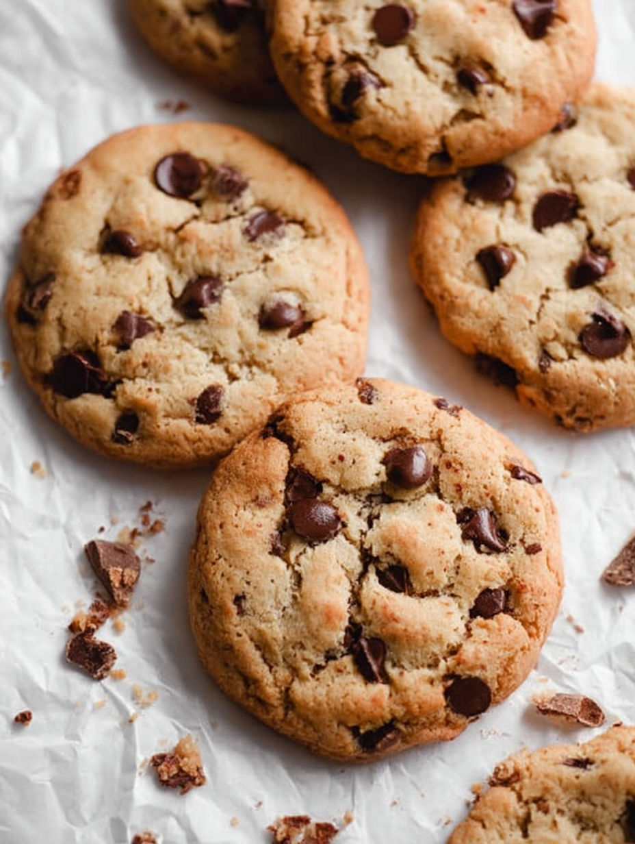 A close up of a chocolate chip cookie.