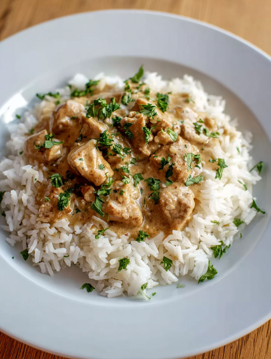 A plate of rice with meat and sauce.