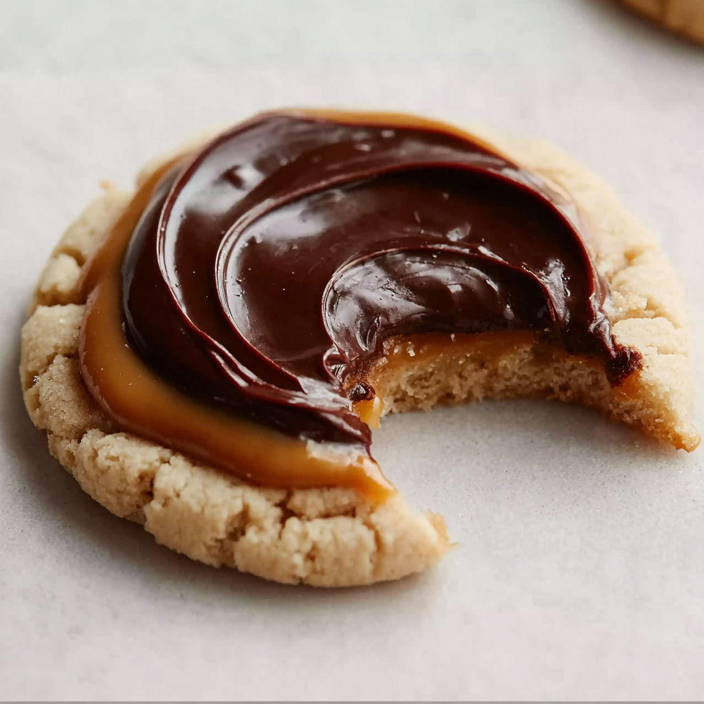 A chilled crumbly twix cookie with chocolate drizzle.
