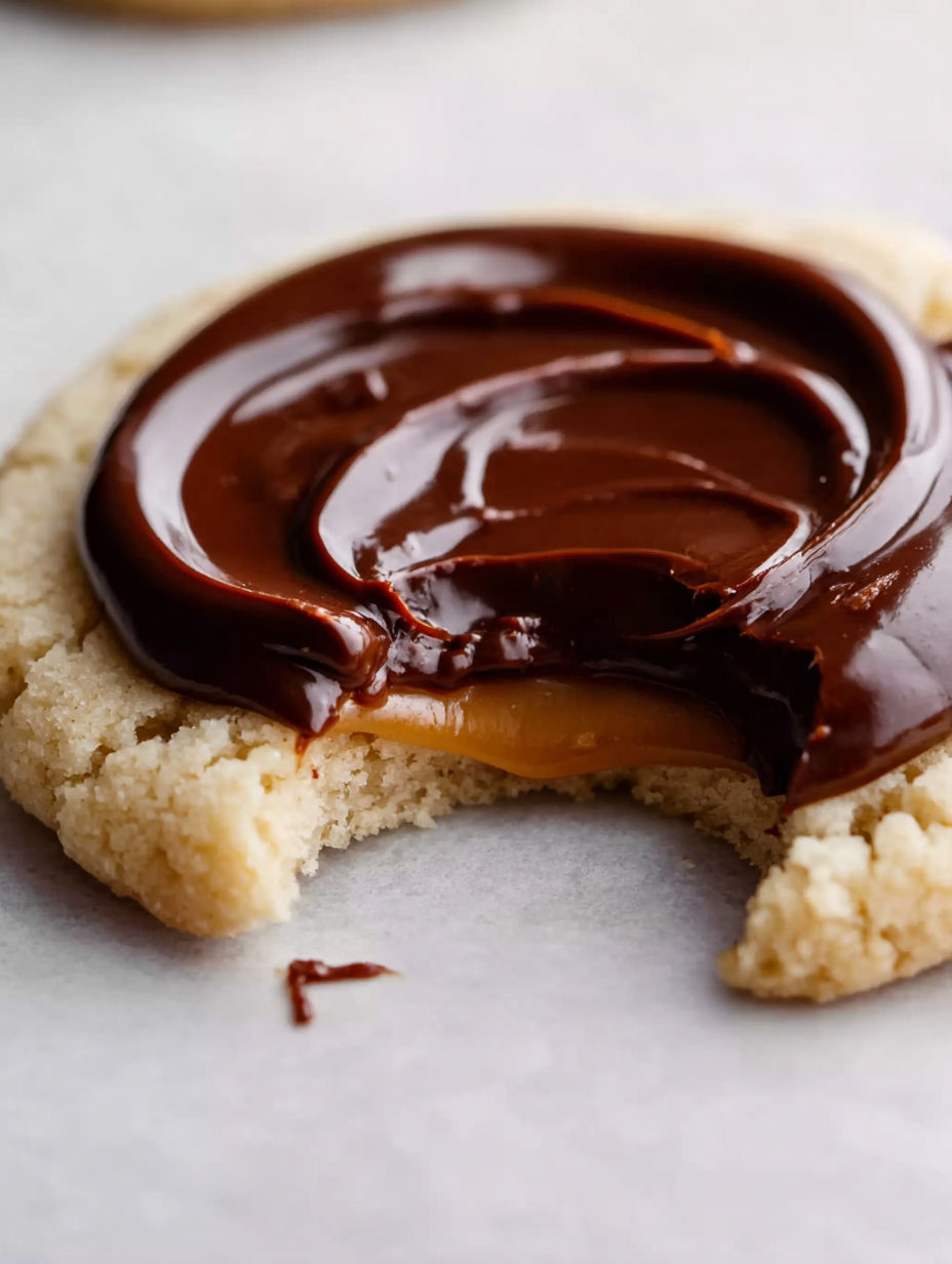 A chilled crumbly twix cookie with chocolate drizzled on top.