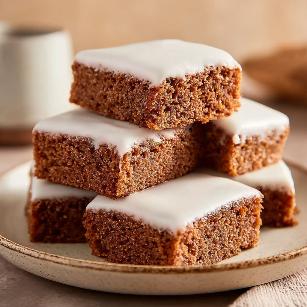 A plate of rum cake with white icing.