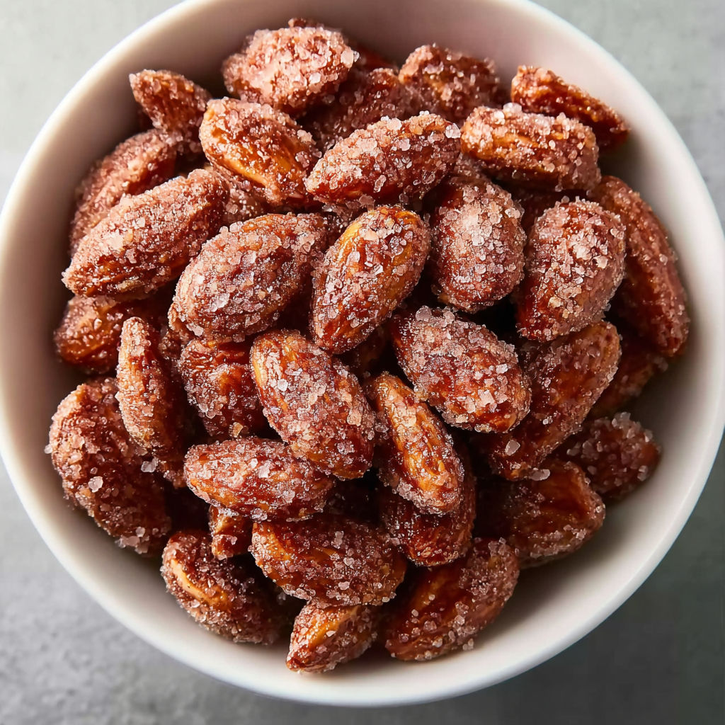 A bowl of nuts with sugar on top.