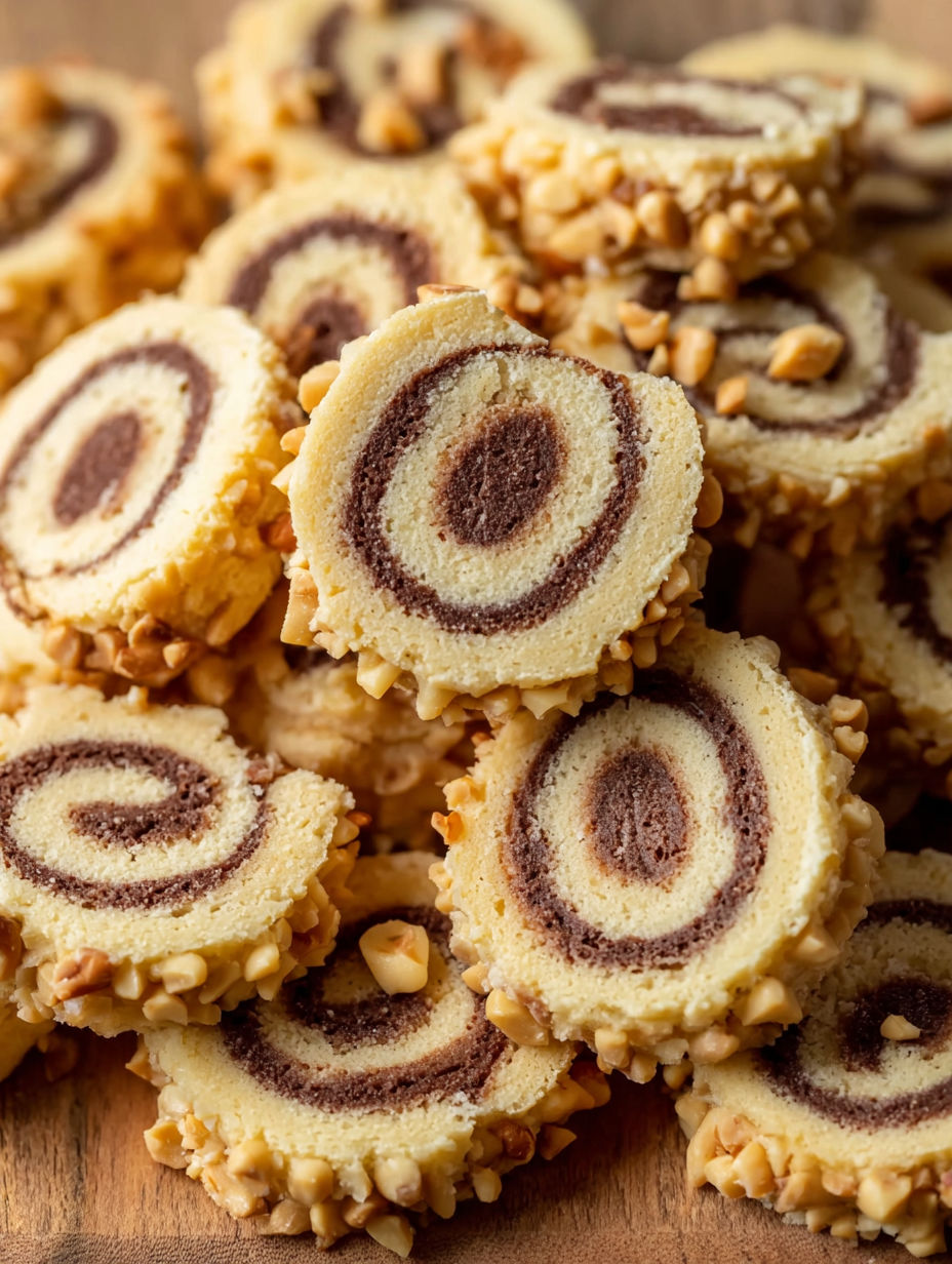 A stack of Mürbe Nusskringel Plätzchen.