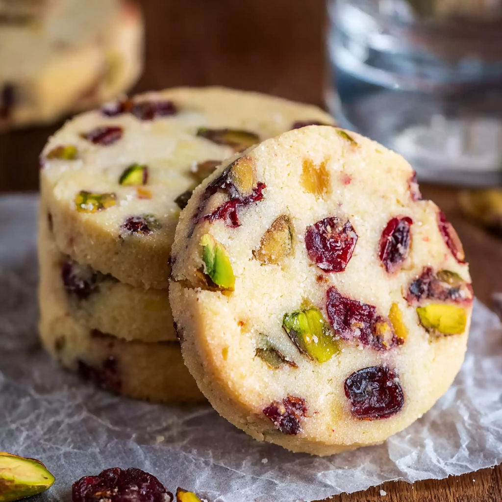 A stack of cranberry-pistachio shortbread cookies.
