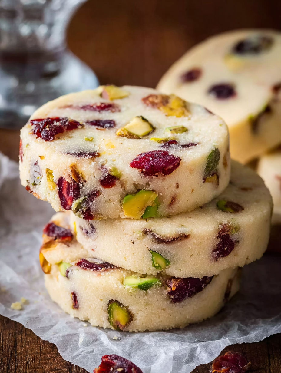 Three stacks of Cranberry-Pistazien-Shortbread.