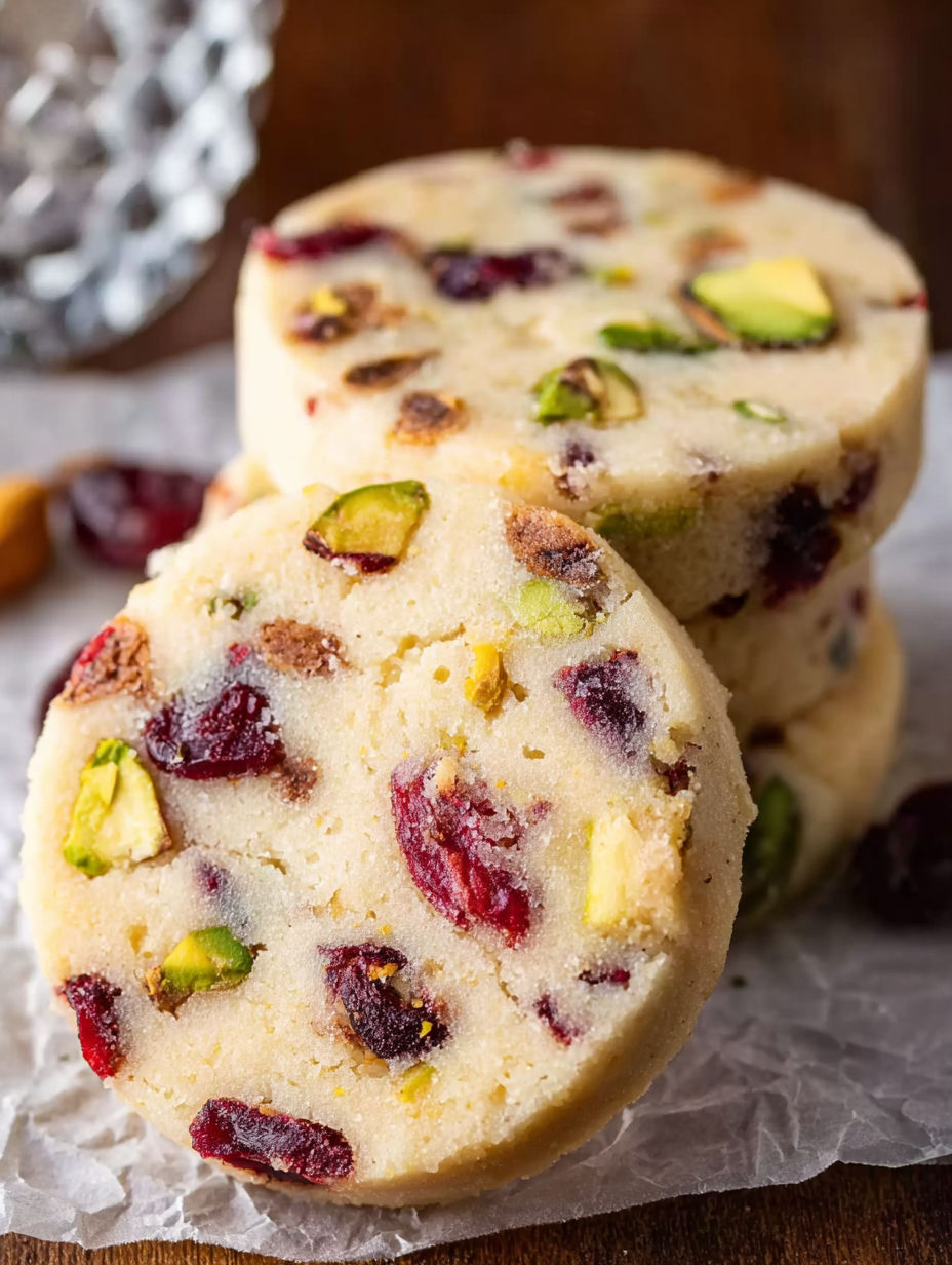 A stack of cranberry-pistachio shortbread.