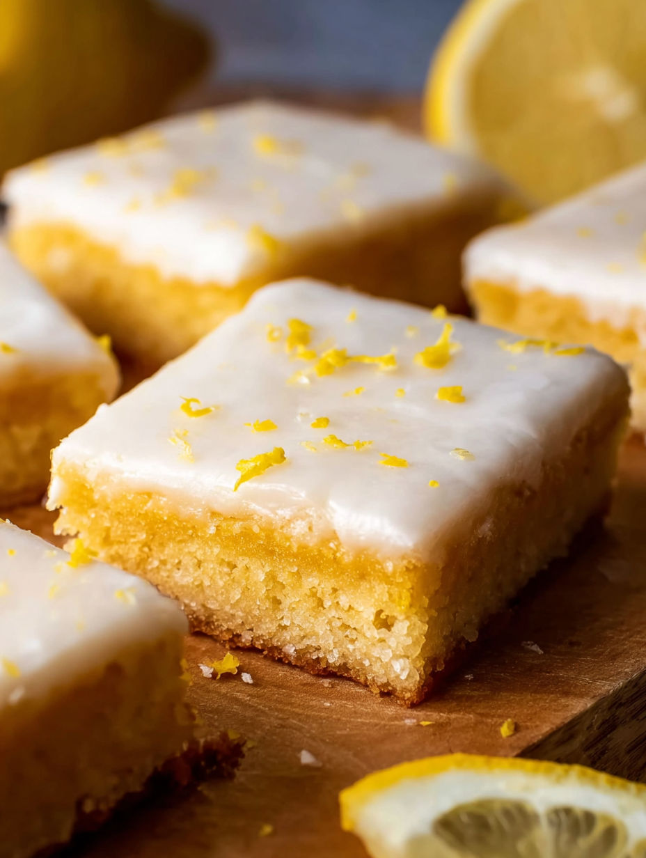Lemon brownies on a wooden board.