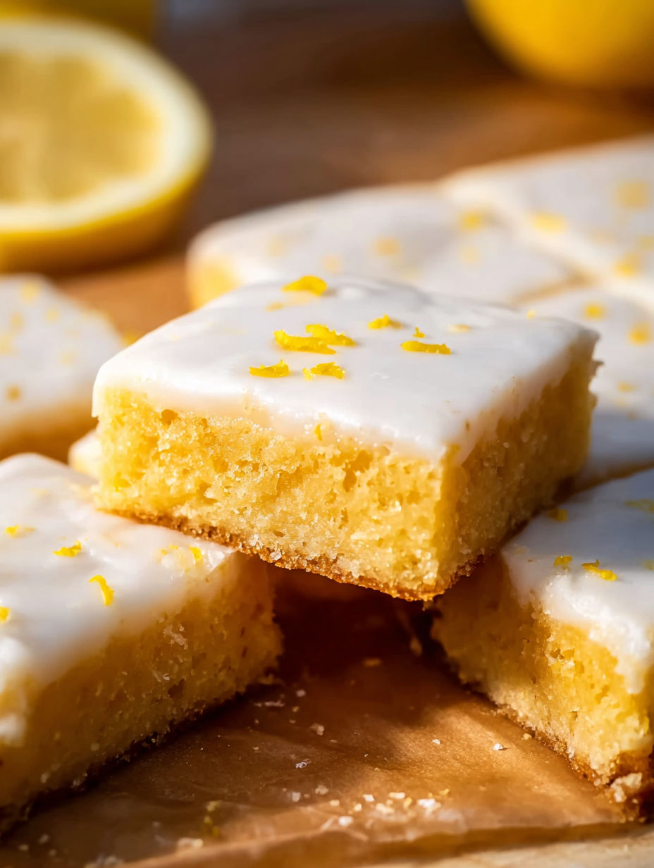 Lemon brownies on a wooden table.