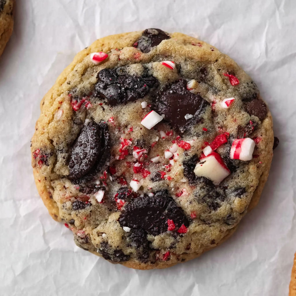 A close up of a chocolate chip cookie with red and white sprinkles.