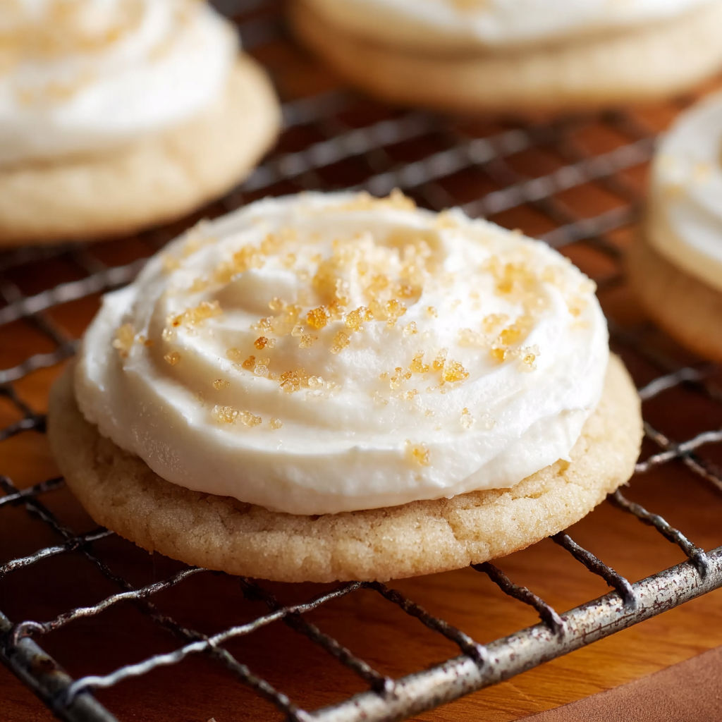 A cookie with white frosting and orange sprinkles.