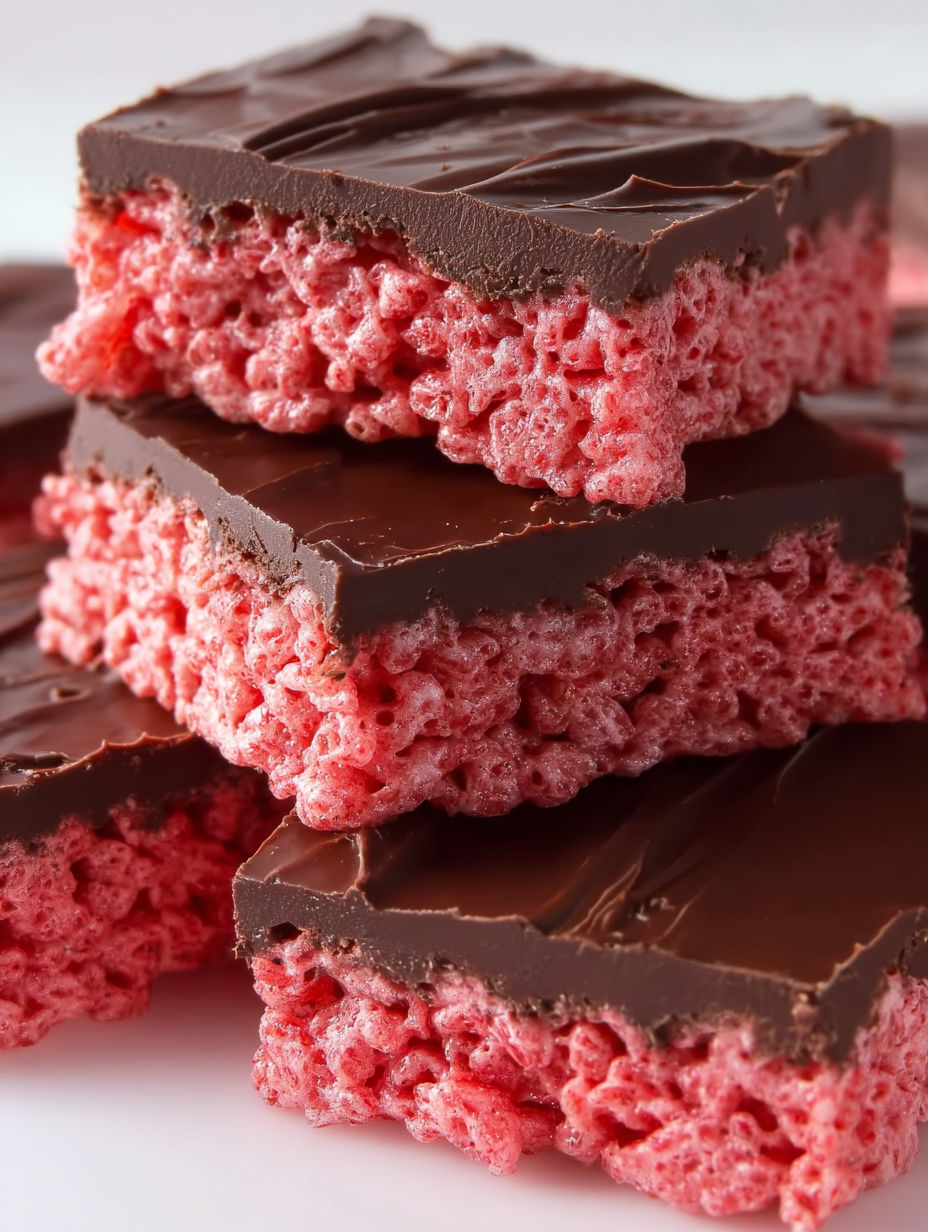 A stack of chocolate and red rice krispies treats.