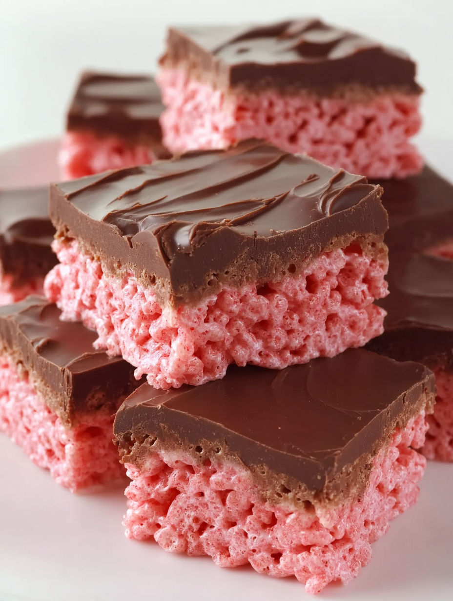 A plate of chocolate and pink rice krispies treats.
