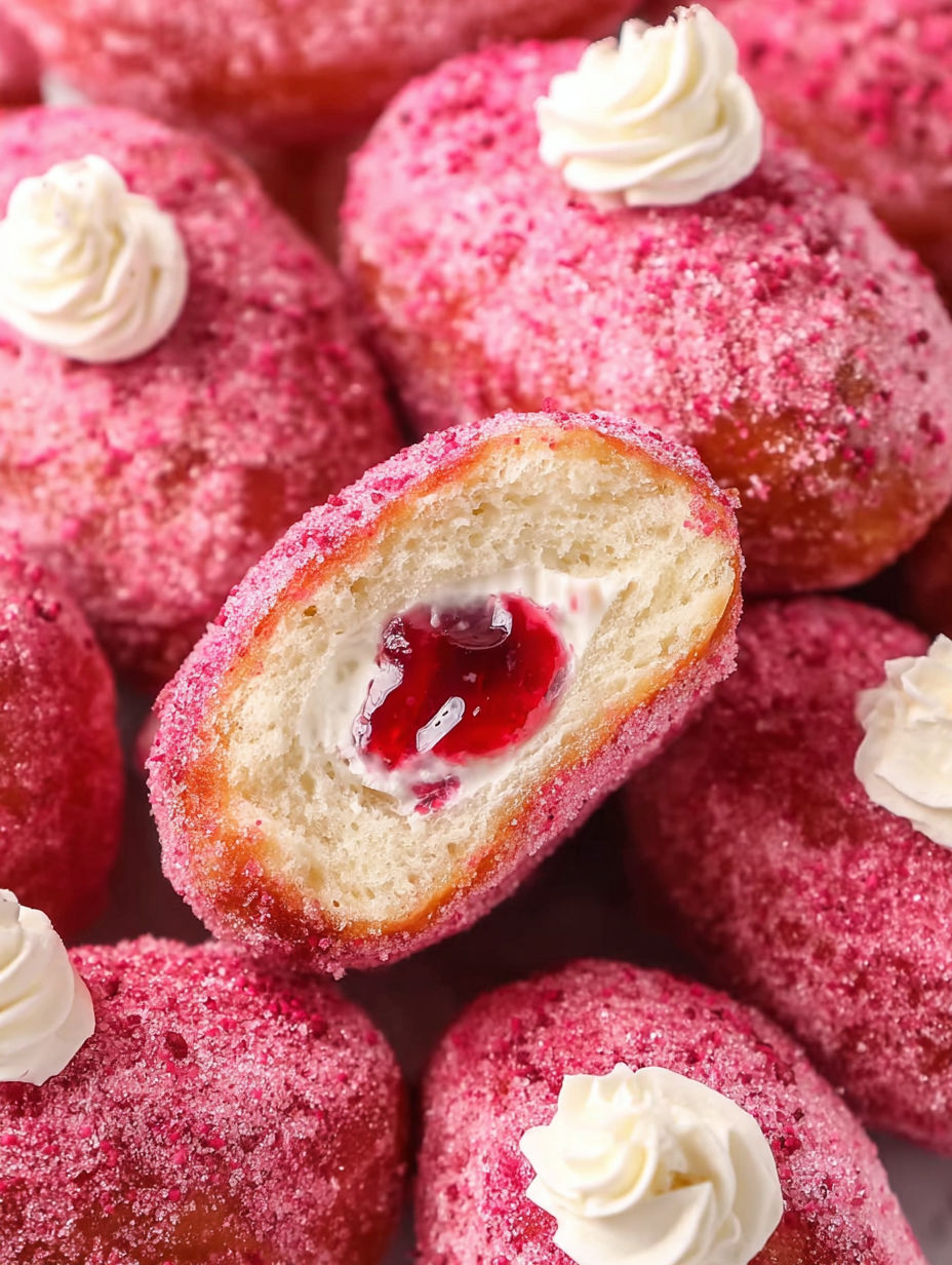 A pink doughnut with a hole in the middle and white cream.