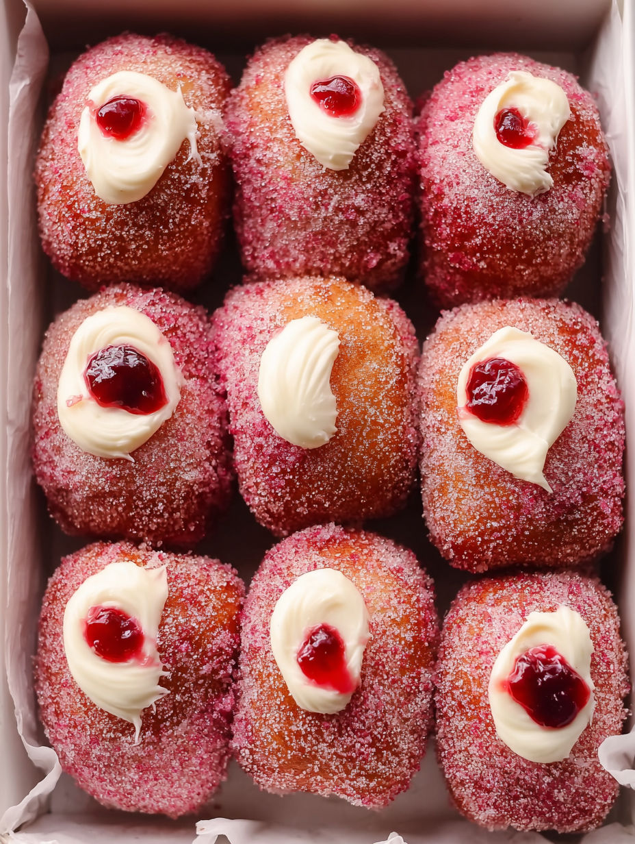A box of vegane strawberry cream filled doughnuts.