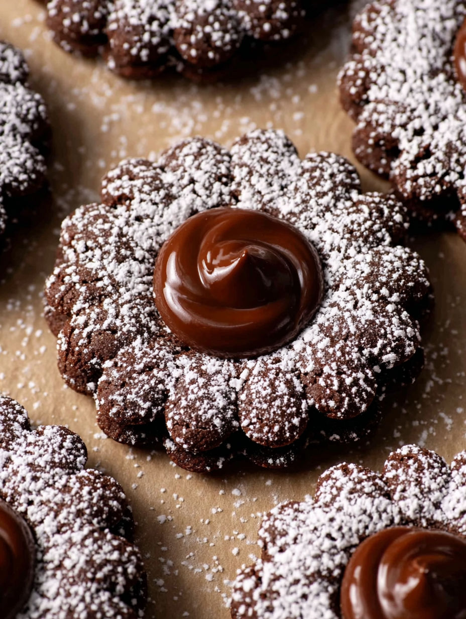 Nutella-Linzer-Kekse with chocolate drizzle.
