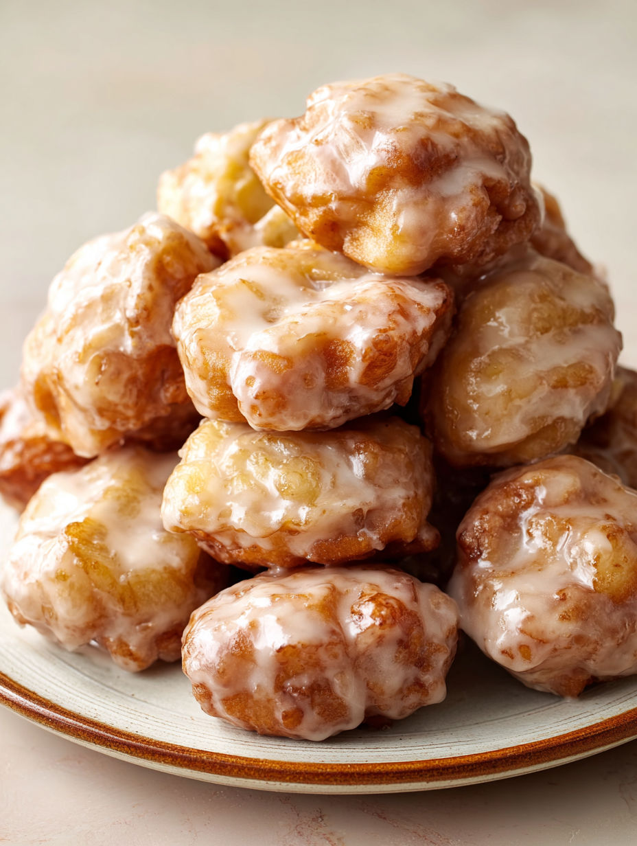 A stack of apple fritter bites on a plate.