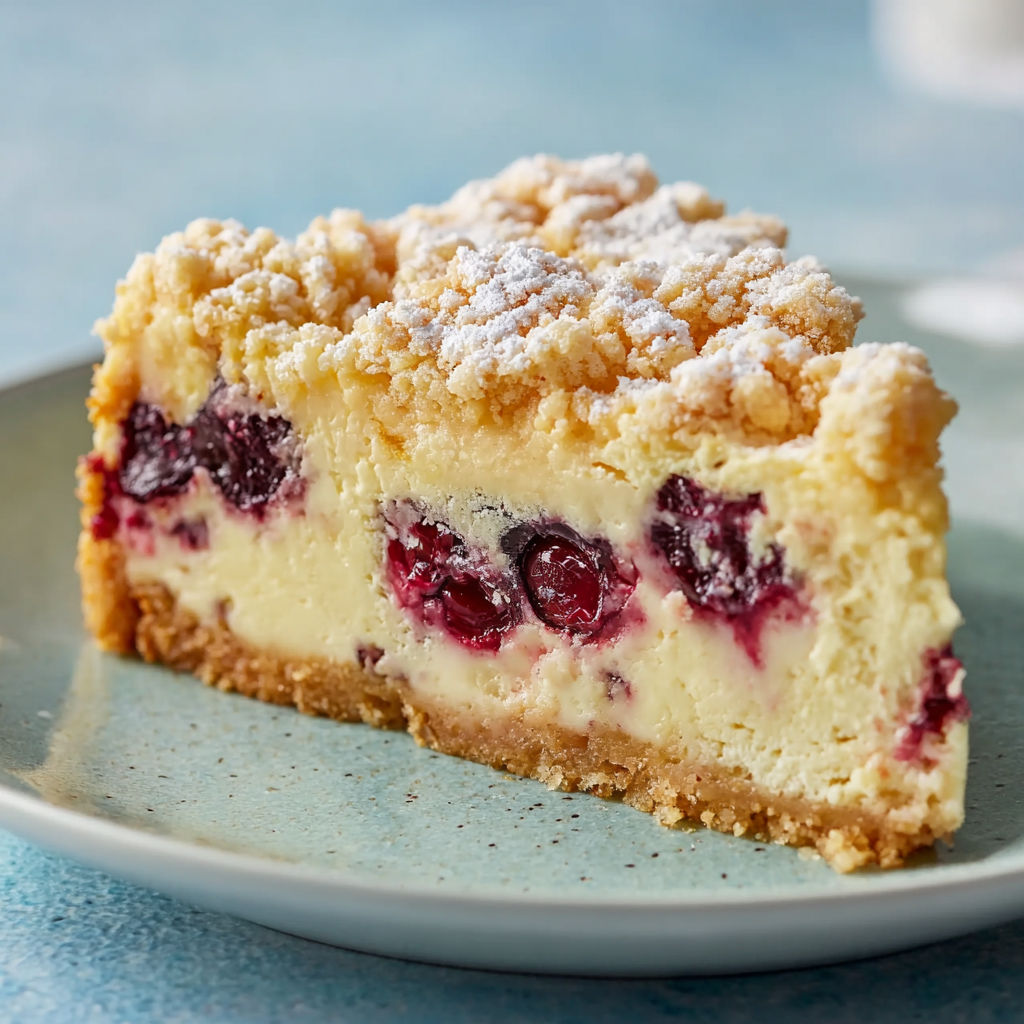 A slice of quark-kirsch-kuchen with knusprigen butter-streuseln.