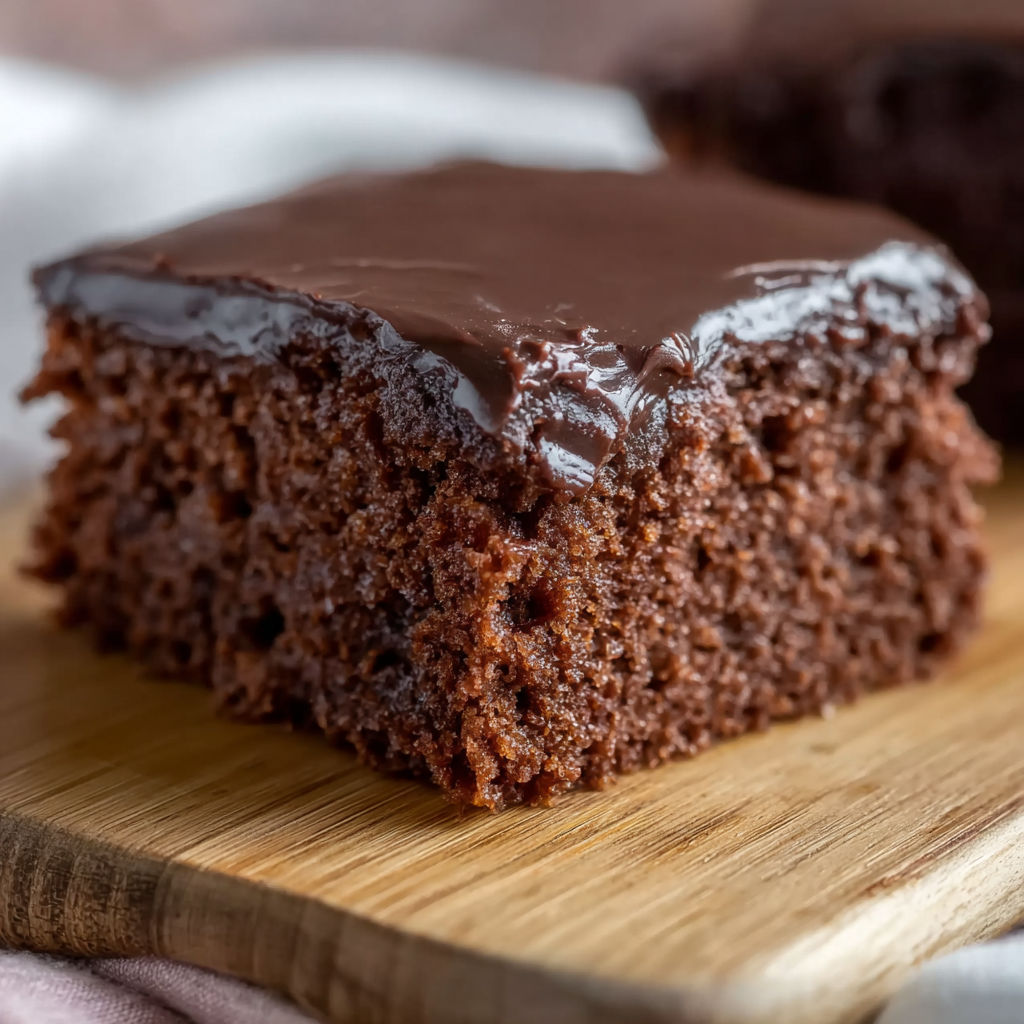 A slice of chocolate cake on a wooden cutting board.