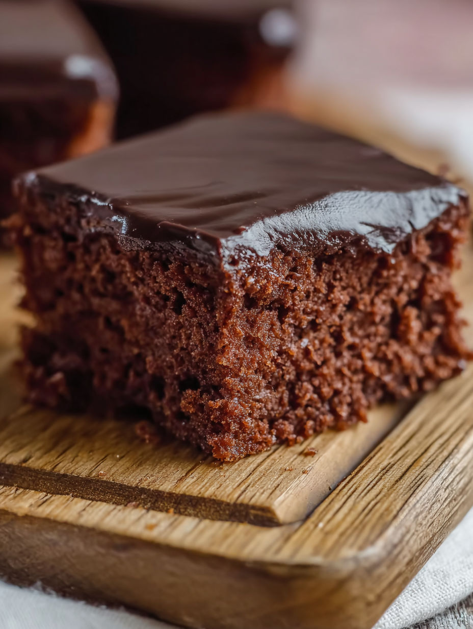 A slice of chocolate cake on a wooden board.