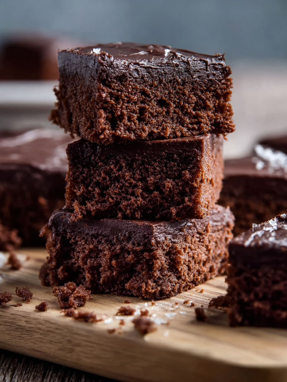 A stack of chocolate cake with chocolate frosting.