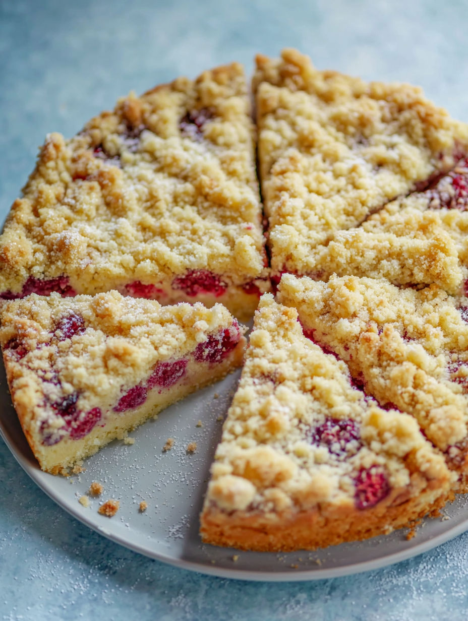 A slice of quark-kirsch-kuchen with knusprigen butter-streuseln.