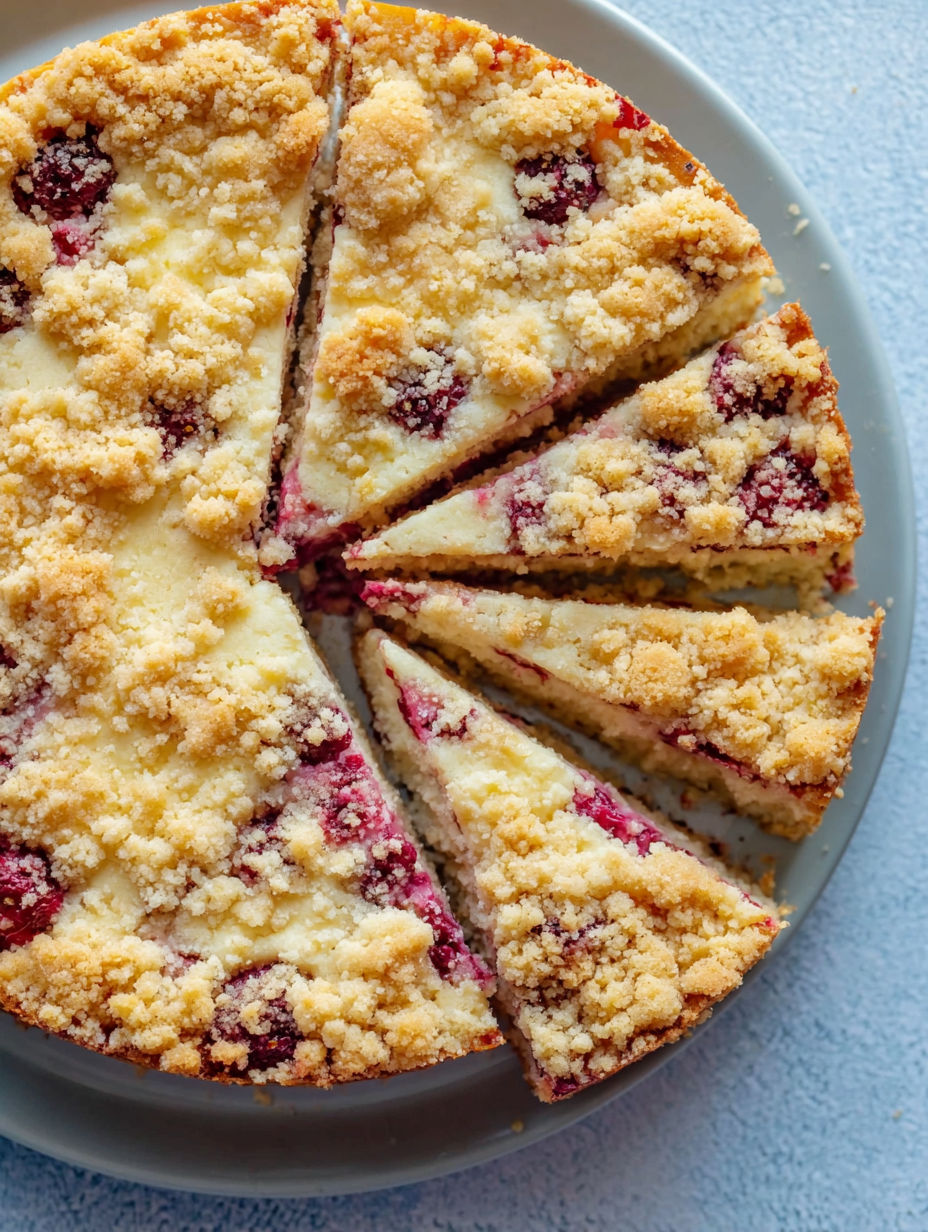A slice of quark-kirsch-kuchen with knusprigen butter-streuseln.