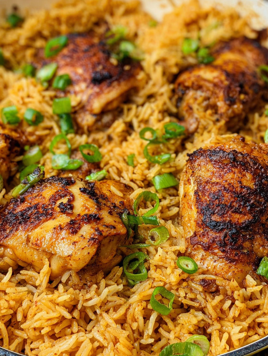 A close up of a plate of rice and chicken.