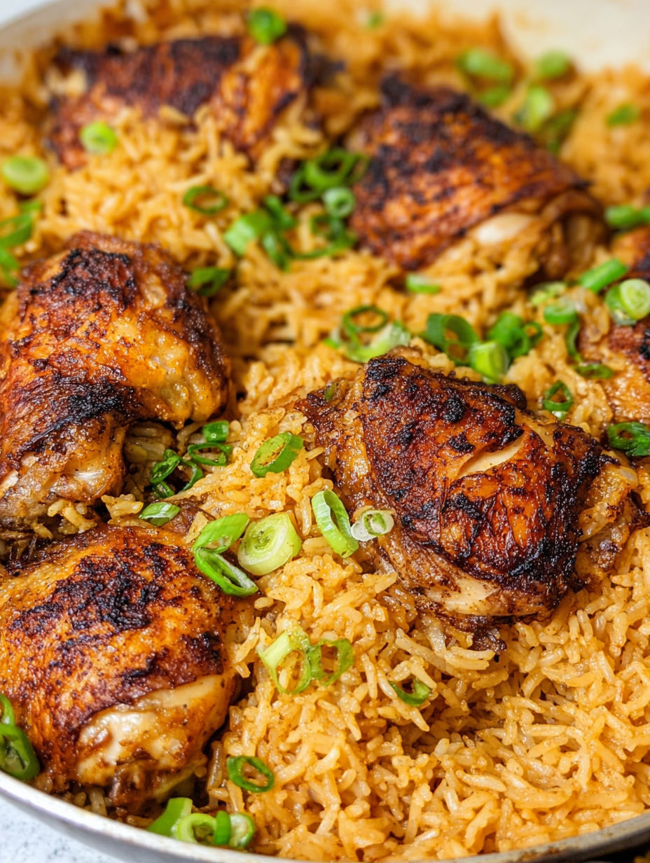 A close up of a dish with rice and chicken.