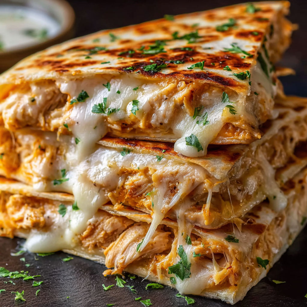 A stack of cheesy garlic chicken wraps.
