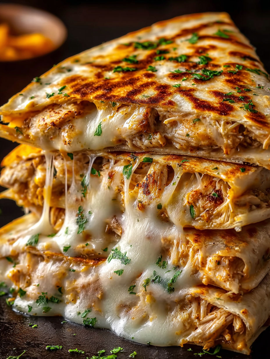 A stack of cheesy garlic chicken wraps.
