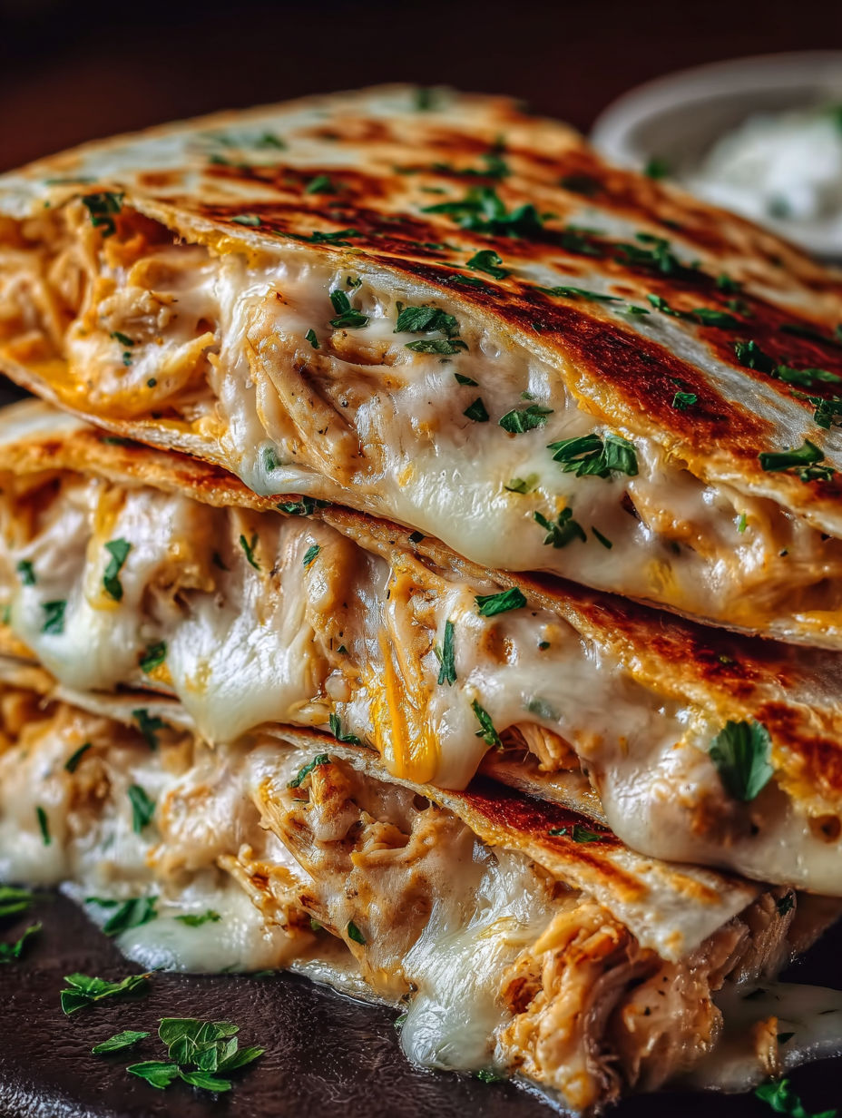 A stack of cheesy garlic chicken wraps.