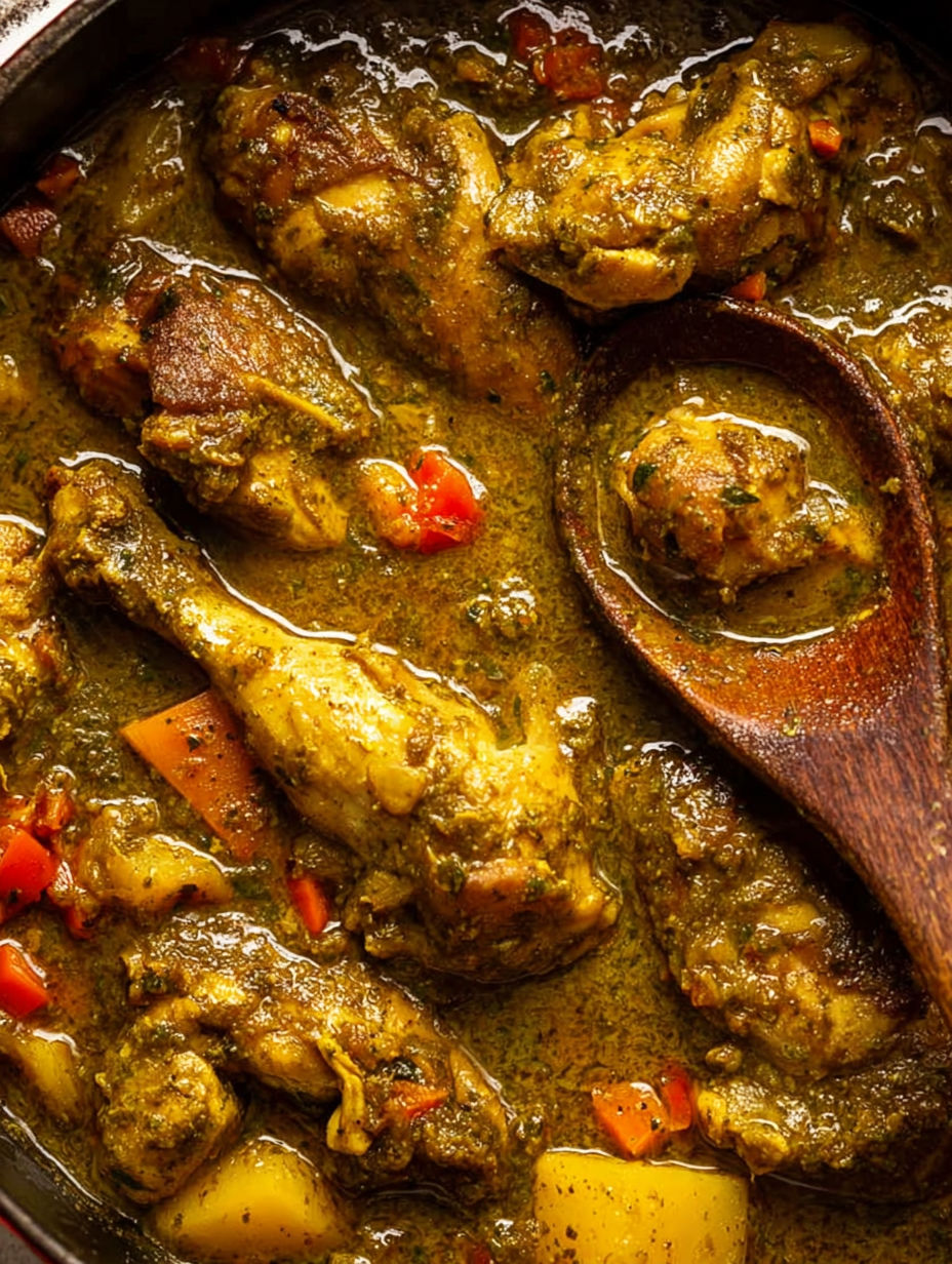 A wooden spoon in a bowl of Jamaican chicken curry.