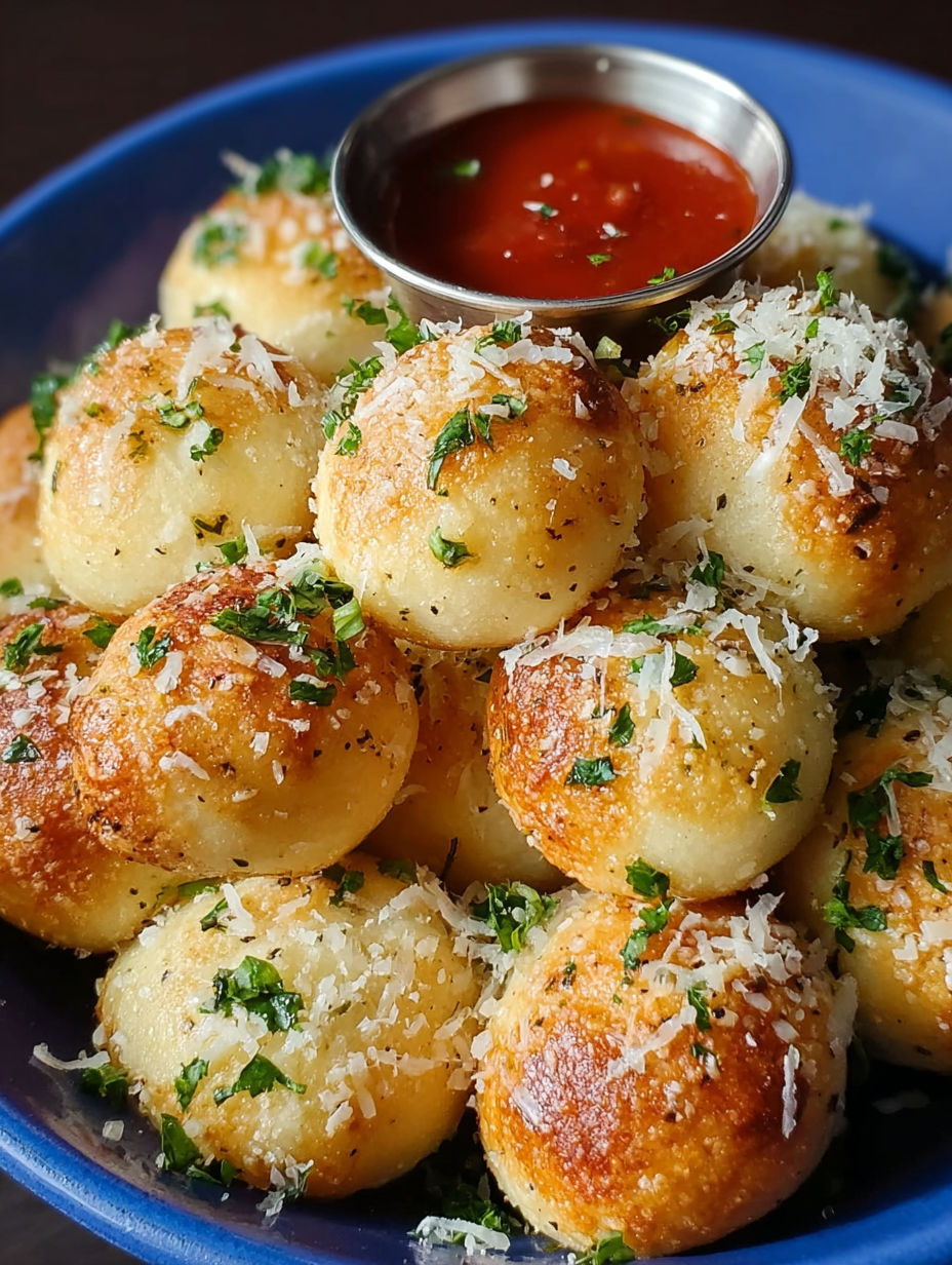 A plate of Parmesan bread bites with a dipping sauce.