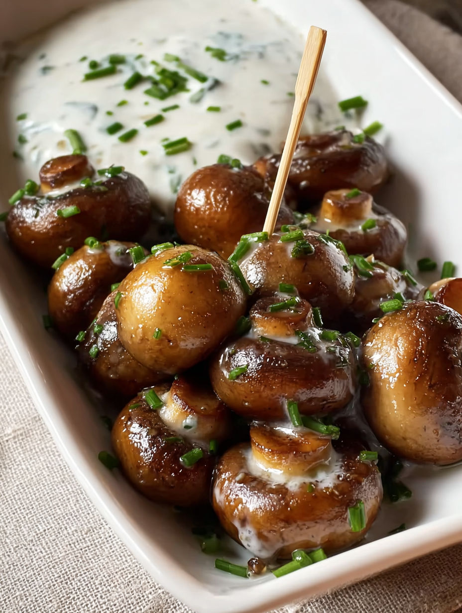 A plate of mushrooms with a toothpick in them.