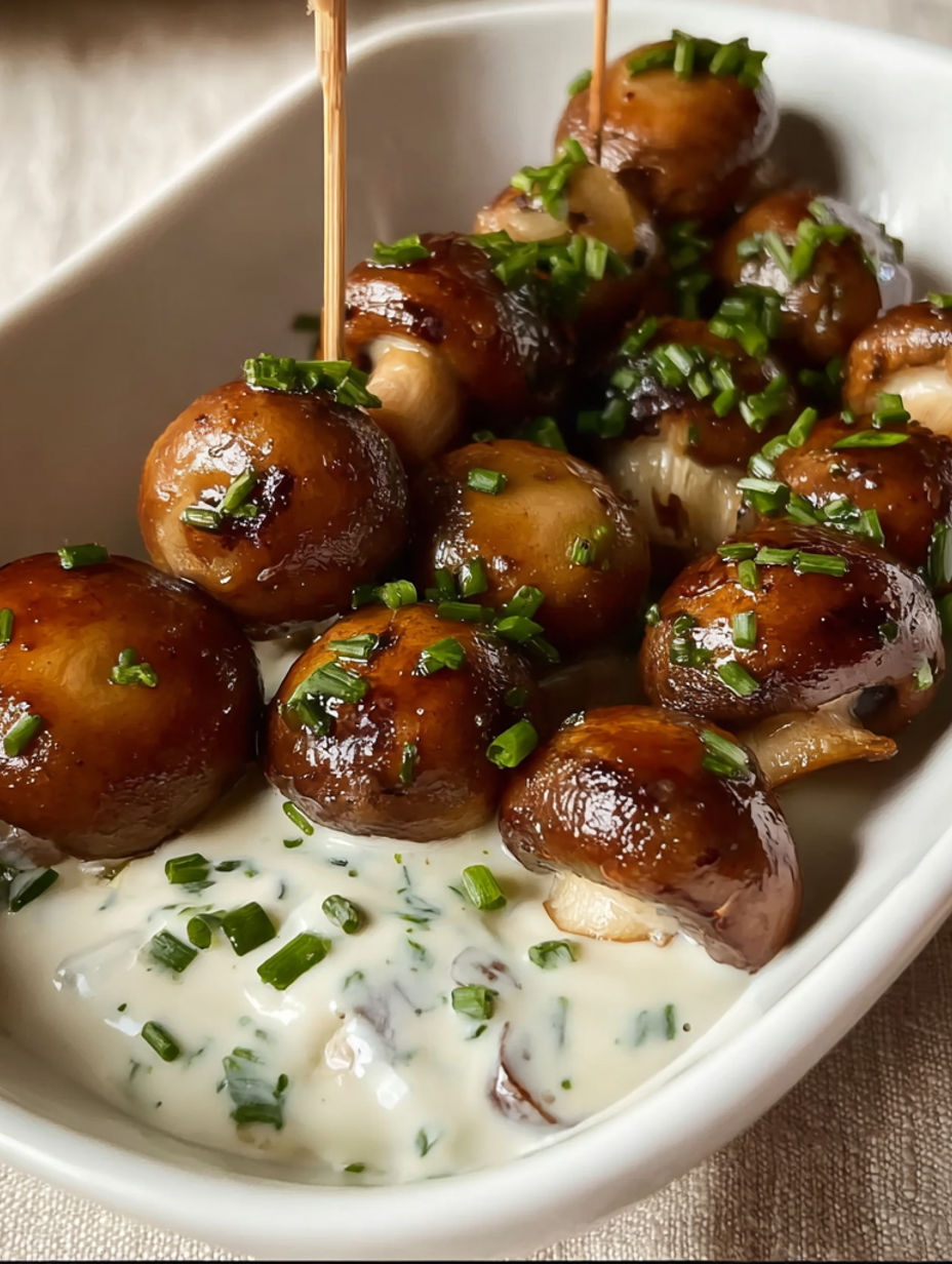 A plate of mushrooms with a green sauce.