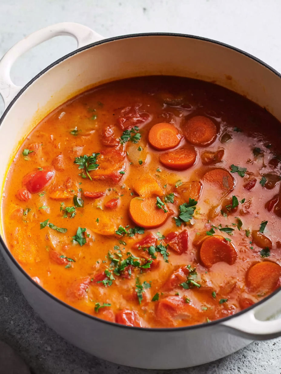 A pot of goulash with carrots and parsley.