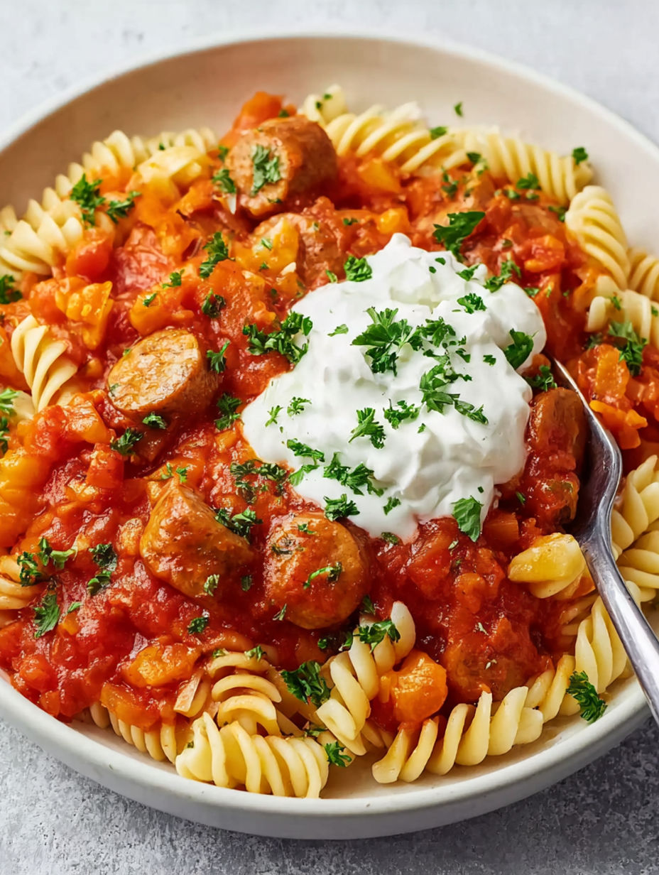 A bowl of pasta with meat and white sauce.